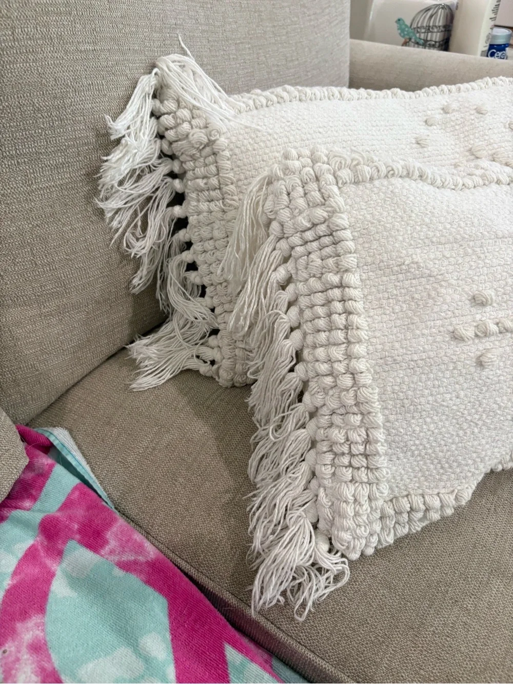 Bee & Willow BOHO Cream Textured Decorative Throw Pillows with Fringe